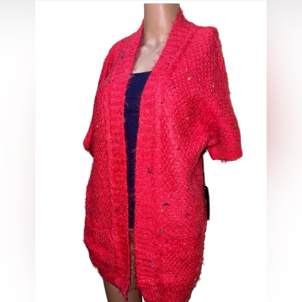 BCBGMAXAZRIA CARDIGAN CHUNKY CONFETTI KNIT SWEATER OPEN FRONT RED COLOR SIZE L - Picture 5 of 16